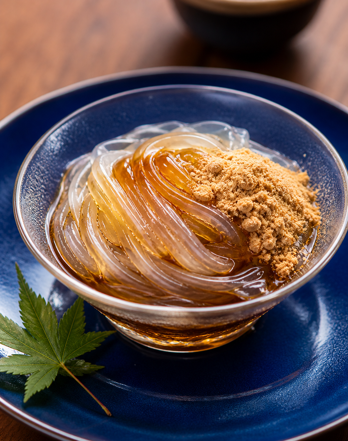 Chilled kuzukiri with brown sugar syrup
