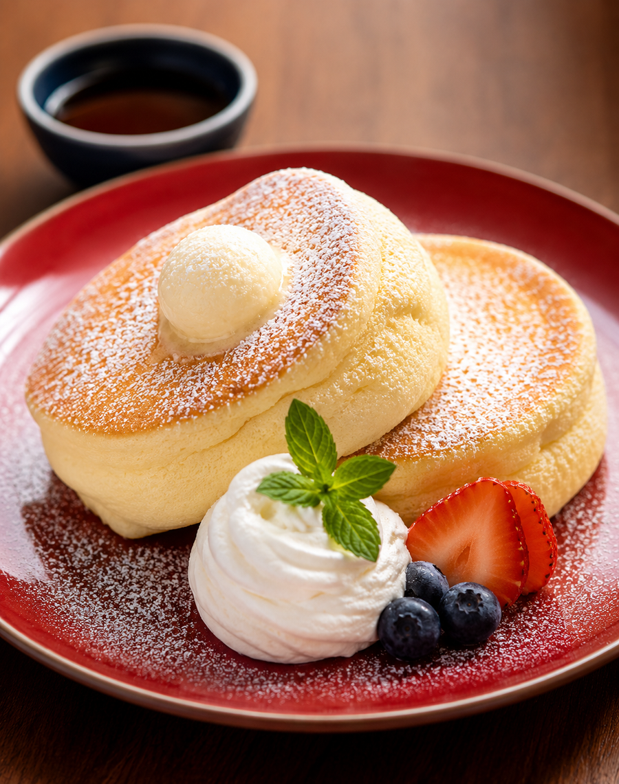 Soufflé Mochi Pancakes, Hojicha Cream