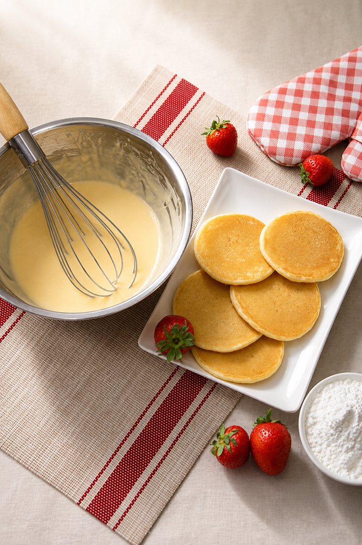Mochi pancake batter in a bowl with cooked gluten-free pancakes and strawberries