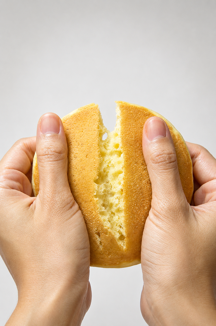 Hands pulling apart a chewy, fluffy gluten-free mochi pancake