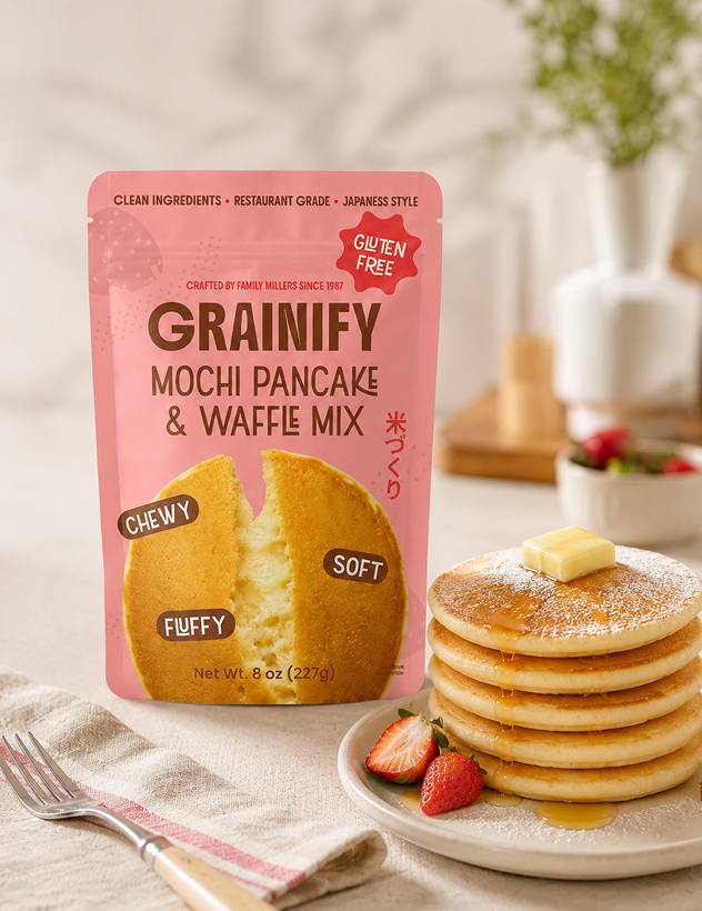 Grainify gluten-free mochi pancake mix beside a plate of pancakes and strawberries